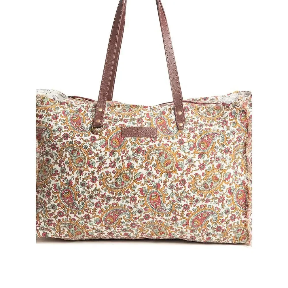 Myra Bag Handmade Paisley Pointe Weekender Bag Upcycled Canvas & Cowhide Leather